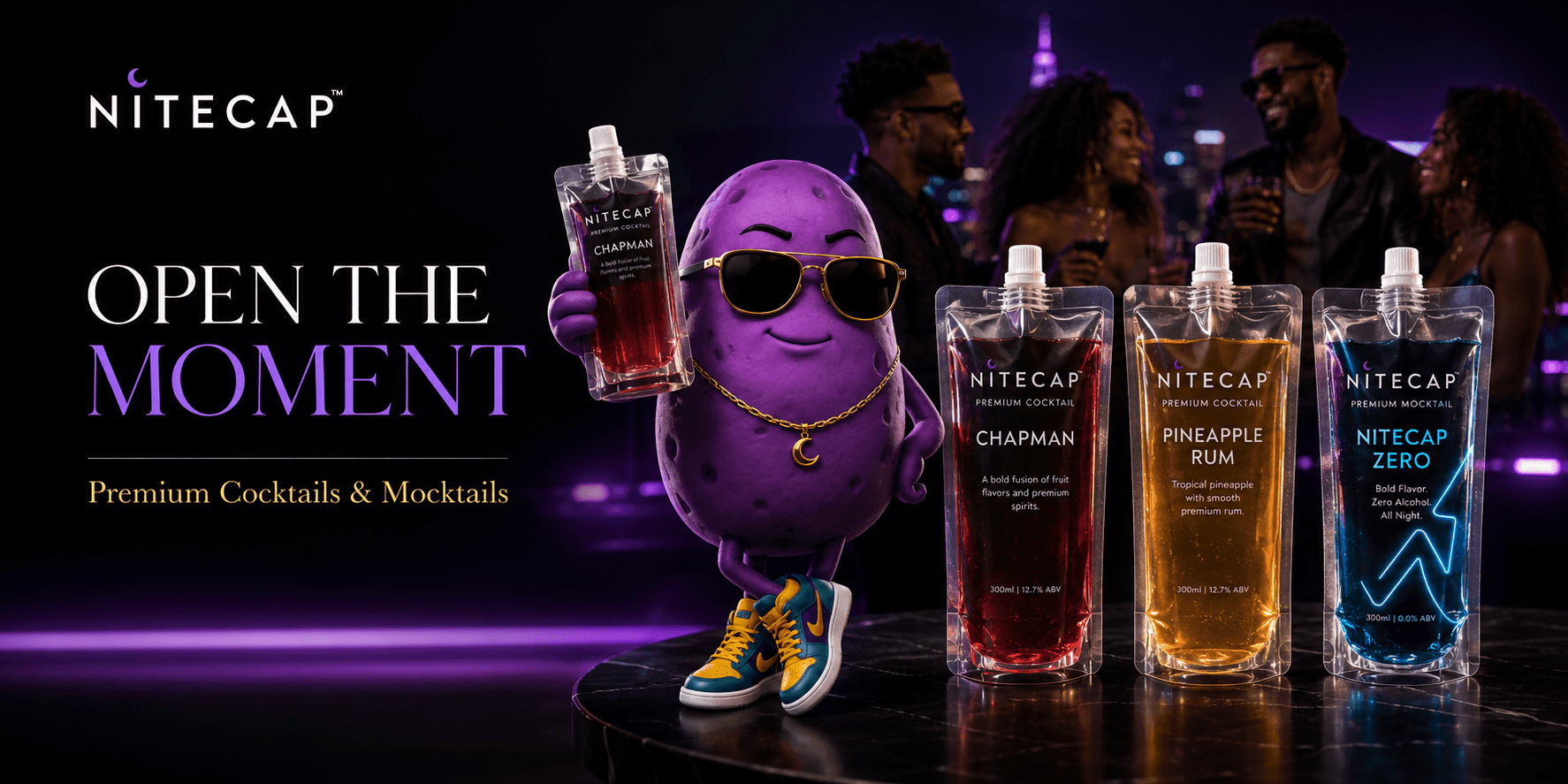 NITECAP — Open The Moment. The Potato mascot with Chapman, Pineapple Rum, and NITECAP Zero pouches